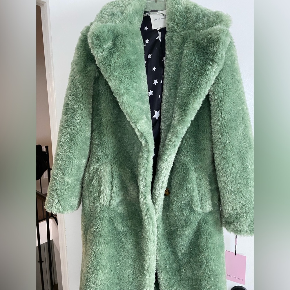 NWT Green long faux fur coat!